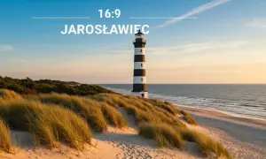 Latarnia morska w Jarosławcu na tle zachodzącego słońca. Piaskowe wydmy porośnięte trawą i morze tworzą malowniczy krajobraz.