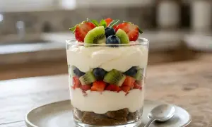 Un tiramisu aux fruits d'été, un délice frais et coloré avec fraises, kiwis et myrtilles. Parfait pour une pause gourmande.