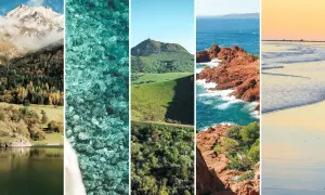 Cinq vignettes illustrant un séjour nature : montagnes, eau turquoise, colline verdoyante, côte rocheuse et plage au coucher du soleil.