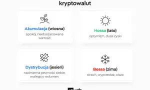 Grafika przedstawia cztery pory roku na rynku kryptowalut: Akumulacja (wiosna), Hossa (lato), Dystrybucja (jesień), Bessa (zima).