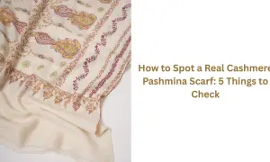 Jak rozpoznać kaszmir? Kremowy szal z haftem paisley i kwiatowym. Poradnik "How to Spot a Real Cashmere Pashmina Scarf".
