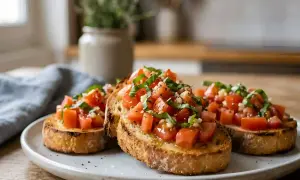 Bruschettas garnies de tomates fraîches, basilic et ail. Une recette simple et savoureuse pour un apéritif parfait.