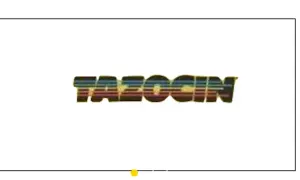 Napis tazocin w stylu retro, z kolorowymi pasami wewnątrz liter.