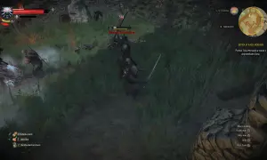 Bitwa o Kaer Morhen: Geralt walczy z wojownikiem Dzikiego Gonu. W tle widać innych przeciwników i ruiny.