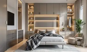 Chambre 11m2 plan : lit douillet, rangements intégrés, dressing ouvert et fauteuil cosy. Ambiance moderne et lumineuse.
