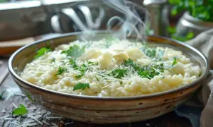 Un délicieux risotto crémeux, garni de parmesan et de persil frais, dégageant une vapeur invitante. On peut réchauffer un risotto pour un repas réconfortant.