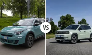 Dwa nowe fiat modele: zielony Fiat 500e i jasnoszary Fiat Panda 4x4.