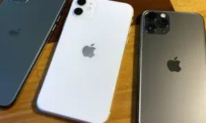Trois iPhones 11, blanc et gris, sur un fond en bois. La date de sortie de l'iPhone 11 était le 20 septembre 2019.