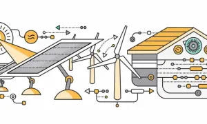 Ilustracja przedstawia dom pasywny z panelami słonecznymi i turbiną wiatrową, symbolizującymi odnawialne źródła energii.