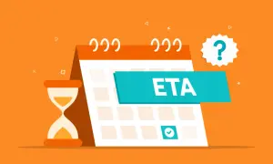 Kalender mit "ETA" und Sanduhr. Wann ist das ETA-Datum? Ein Fragezeichen schwebt über dem Kalender.
