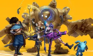 Postacie z League of Legends: Yasuo, Lux, Jinx, Blitzcrank i mały potworek na żółtym tle.