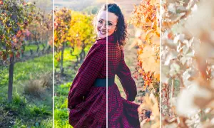 Ragazza sorridente in un vigneto autunnale, con un abito a quadri rossi. L'immagine mostra l'effetto di aggiungere preset lightroom per esaltare i colori caldi.