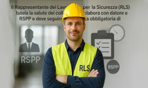 Uomo con casco giallo e gilet ad alta visibilità, con la scritta RLS. Il Rappresentante dei Lavoratori per la Sicurezza (RLS) è obbligatorio.