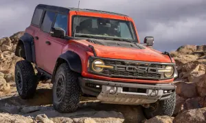 Pomarańczowy Ford Bronco Raptor pokonuje skalisty teren, demonstrując swoją terenową moc.