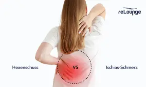 Frau mit Rückenschmerzen, die sich fragt: Hexenschuss was tun? Vergleich mit Ischias-Schmerz.