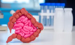 Model jelita grubego z widocznymi polipami. W tle probówki i pojemniki laboratoryjne.
