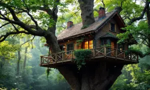 Une magnifique cabane arbre en bois, nichée au cœur d'une forêt luxuriante. La lumière dorée filtre à travers les feuilles, illuminant cette retraite paisible.