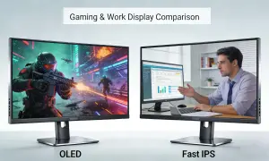 Porównanie ekranów: OLED z dynamiczną grą akcji i Fast IPS z pracą biurową.