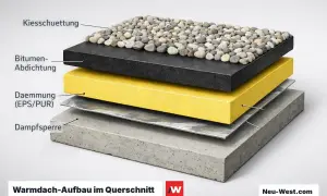 Schichtenaufbau eines Warmdach-Flachdachs: Beton, Dampfsperre, Dämmung, Bitumen-Abdichtung und Kiesschüttung.