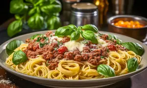 Ein Teller Spaghetti Bolognese, garniert mit frischem Basilikum und Parmesan. Perfekt für ein authentisches Spaghetti Bolognese Rezept.