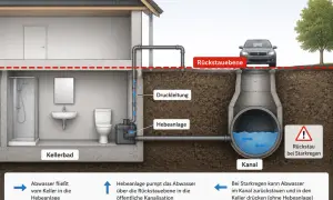 Eine Hebeanlage pumpt Abwasser aus dem Keller über die Rückstauebene in die Kanalisation, um Rückstau bei Starkregen zu verhindern.
