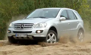 Srebrny Mercedes-Benz ML pokonuje piaszczysty teren, wzbijając tumany kurzu.