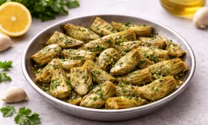 Deliziosi carciofi in padella, conditi con erbe aromatiche e aglio, pronti per essere gustati.