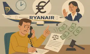 Zirytowany klient dzwoni, by dowiedzieć się, czy można odwołać lot Ryanair. Obok symbol prawa i pieniądze.