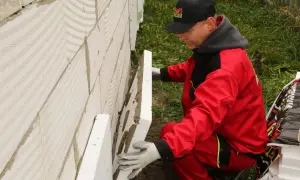 Budowlaniec w czerwonym stroju montuje płyty styropianowe na ścianie fundamentowej, zastanawiając się, jakiej grubości styrodur na fundamenty będzie najlepszy.