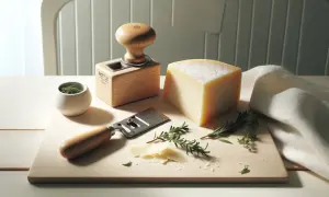 Ein Stück Parmesan liegt bereit, daneben ein Hobel und Kräuter. Perfekt für vegetarische Gerichte.