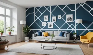 Moderne Wohnzimmerwand mit geometrischem Muster. Tolle Ideen zum Wand streichen mit Muster abkleben für ein stilvolles Zuhause.