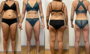Avant/après : une femme en lingerie noire puis en lingerie verte. Elle a visiblement réussi à perdre 10 kg.