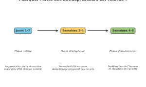 Schéma expliquant le délai d'action des antidépresseurs : phase initiale (Jours 1-7), phase d'adaptation (Semaines 2-4) et phase d'amélioration (Semaines 4-6). Les antidépresseurs ont changé ma vie.