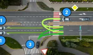 Schemat pokazuje zawracanie na skrzyżowaniu. Samochody z pasa 1 wykonują manewr zawracania, omijając inne pojazdy.