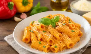 Piatto di rigatoni cremosi con salsa ai peperoni, guarnito con basilico fresco e parmigiano. Ingredienti freschi come peperoni rossi e gialli sullo sfondo.