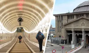 Fußgänger und Radfahrer im beleuchteten Elbtunnel, daneben die imposante Architektur des Eingangsgebäudes.