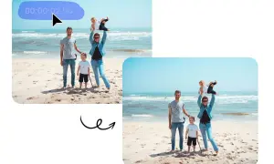 Rodzina na plaży, edycja wideo. Usunięto niechciany element z kadru, aby uzyskać idealne zdjęcie bez znaku wodnego.