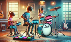 Dzieci grają na perkusji, tworząc muzykę. W tle gitara i keyboard. To wspaniały zestaw instrumentów dla dzieci.