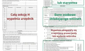 Formularz wniosku o wydanie prawa jazdy lub pozwolenia, gdzie dane urzędu i dane osobowe składającego wniosek są kluczowe. Sekcja H wypełniana przez urzędnika dotyczy daty wydania uprawnienia.