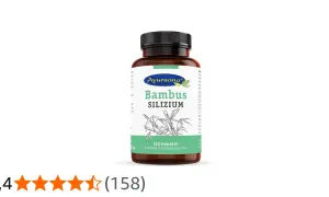 Braune Dose mit Ayursana Bambus Silizium Kapseln. Die positive Wirkung von Bambus Silizium für Haut und Haare wird oft hervorgehoben.