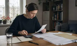 Kobieta przy biurku liczy na kalkulatorze, przeglądając dokumenty. Może to być wezwanie do zapłaty zachowku.