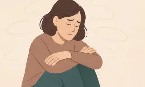 Ragazza triste con braccia incrociate, forse con scarsa autostima colpa dei genitori. Sfondo chiaro con forme ovali.