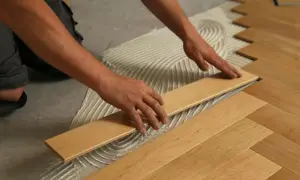 Manos colocando tablones de maderas duras sobre adhesivo para crear un suelo de espiga.