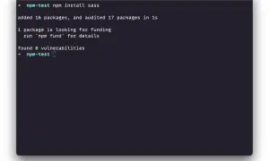 Terminal affichant la commande `npm install sass` sur Debian, avec succès.