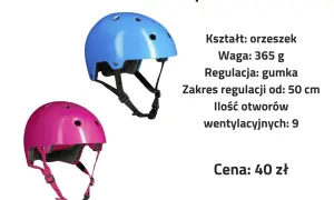 Dwa kaski dziecięce: niebieski i różowy, z widocznymi paskami i otworami wentylacyjnymi.