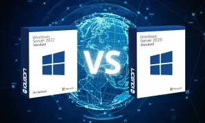 Cajas de Windows Server 2022 y Windows Server 2025 Standard frente a un globo terráqueo digital.