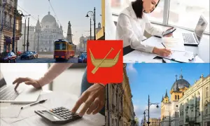 Łódź: tram, budynki, herb miasta i osoby pracujące z dokumentami i kalkulatorem.