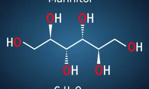 Struktura chemiczna mannitolu, cukrolu C₆H₁₄O₆. Wiele grup hydroksylowych (-OH) sprawia, że jest on higroskopijny, czyli mantusil na co go potrzebujemy.