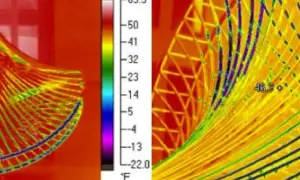 Termografia ukazuje rozkład temperatur na łopatce wentylatora. Cieplejsze obszary są żółte i czerwone, chłodniejsze niebieskie.