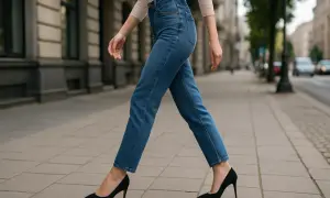 Kobieta w niebieskich jeansach i czarnych szpilkach idzie chodnikiem.